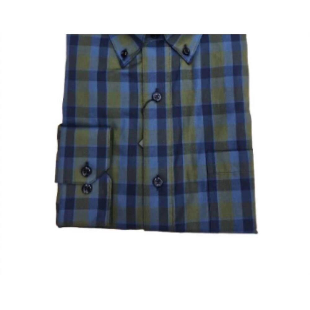 NEW F/X FUSION men's stacked check button up shirt in olive/navy